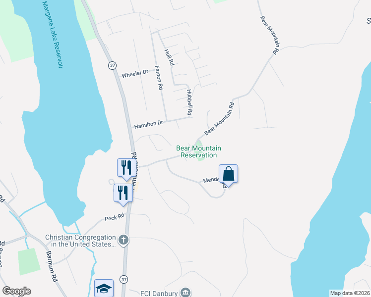 map of restaurants, bars, coffee shops, grocery stores, and more near 8 Bear Mountain Road in Danbury
