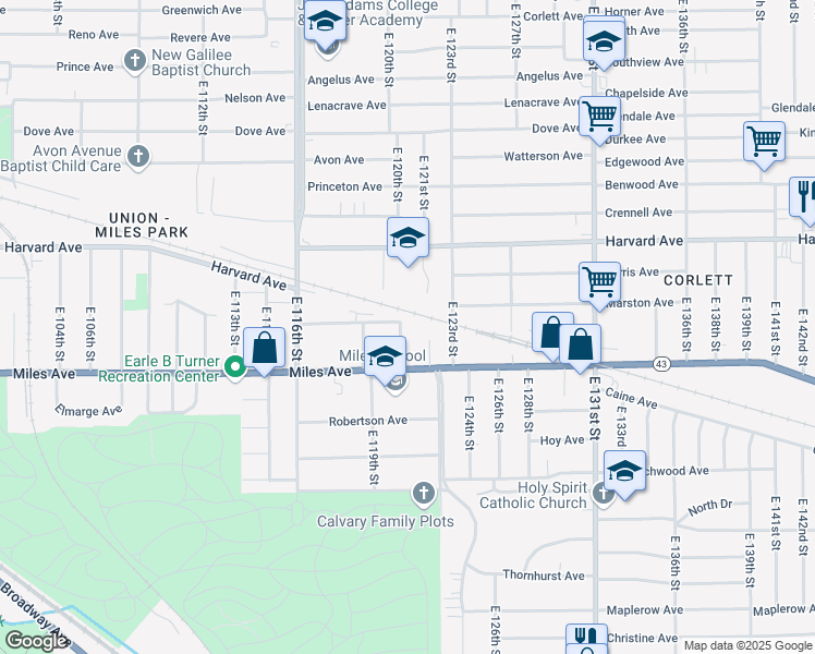 map of restaurants, bars, coffee shops, grocery stores, and more near 4137 East 120th Street in Cleveland