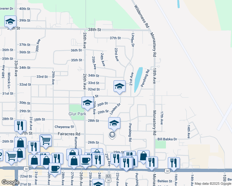 map of restaurants, bars, coffee shops, grocery stores, and more near 2200 31st Street in Columbus
