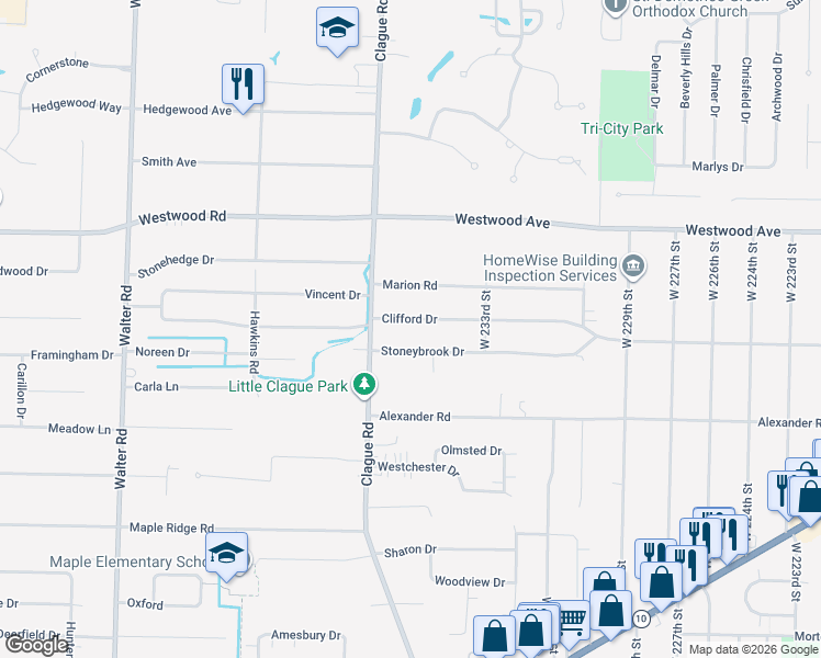map of restaurants, bars, coffee shops, grocery stores, and more near 23565 Clifford Drive in North Olmsted