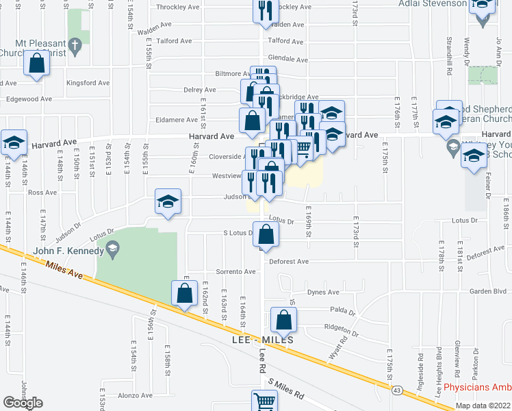 map of restaurants, bars, coffee shops, grocery stores, and more near 4154 Lee Road in Cleveland