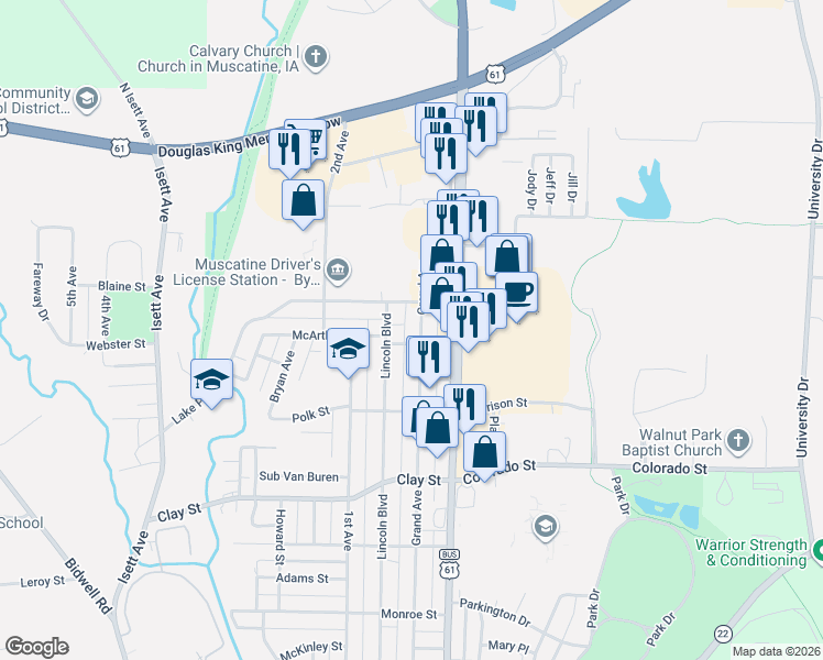 map of restaurants, bars, coffee shops, grocery stores, and more near 2108 Grand Avenue in Muscatine