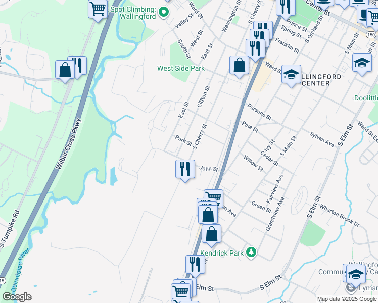 map of restaurants, bars, coffee shops, grocery stores, and more near 349 S Cherry St in Wallingford