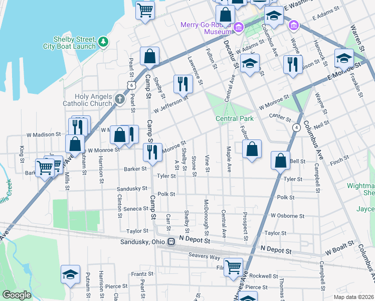 map of restaurants, bars, coffee shops, grocery stores, and more near 916 Shelby St in Sandusky