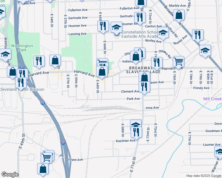 map of restaurants, bars, coffee shops, grocery stores, and more near 4098 East 67th Street in Cleveland