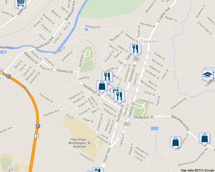 map of restaurants, bars, coffee shops, grocery stores, and more near 407 George St in Throop