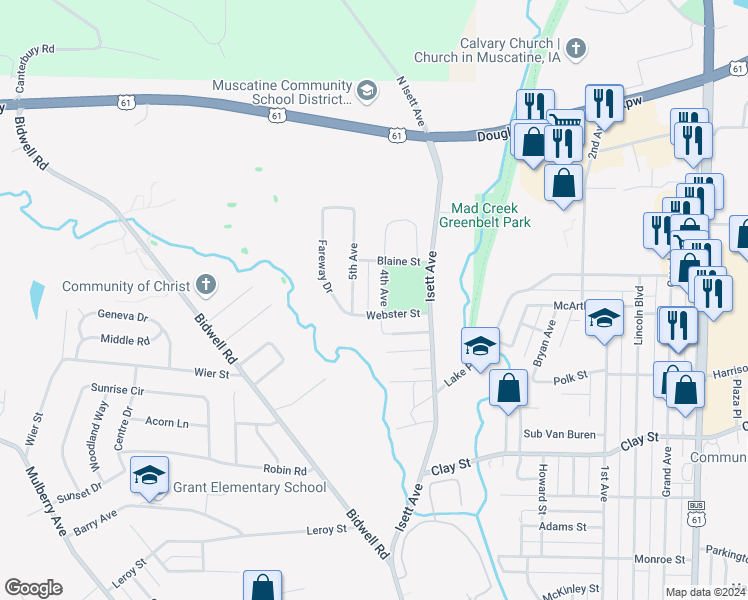 map of restaurants, bars, coffee shops, grocery stores, and more near 2108 4th Avenue in Muscatine