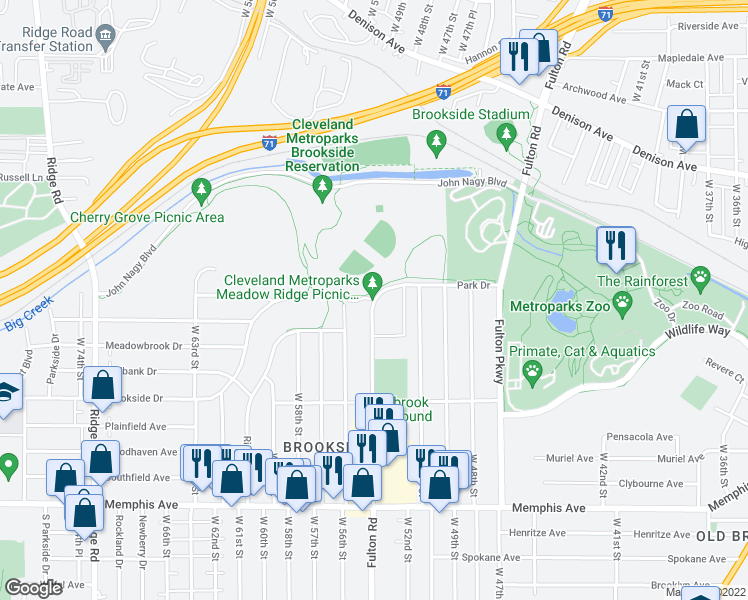map of restaurants, bars, coffee shops, grocery stores, and more near Fulton Rd & Park Dr in Cleveland
