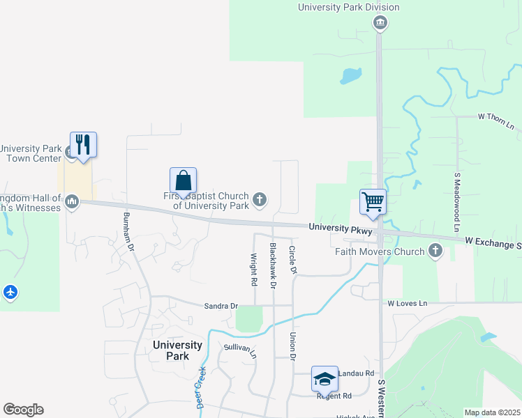 map of restaurants, bars, coffee shops, grocery stores, and more near 450 University Parkway in University Park