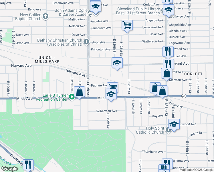 map of restaurants, bars, coffee shops, grocery stores, and more near 4135 E 119th St in Cleveland