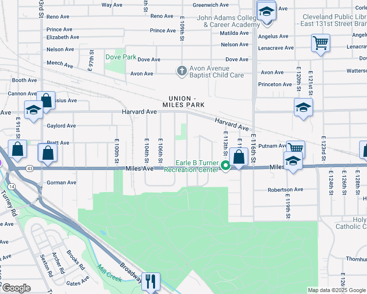 map of restaurants, bars, coffee shops, grocery stores, and more near 4134 E 110th St in Cleveland