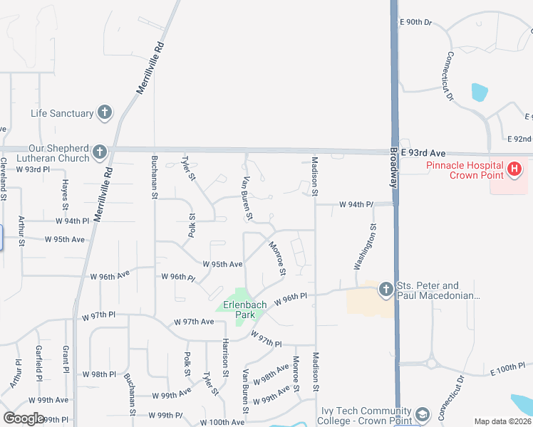 map of restaurants, bars, coffee shops, grocery stores, and more near 9462 Van Buren Court in Crown Point