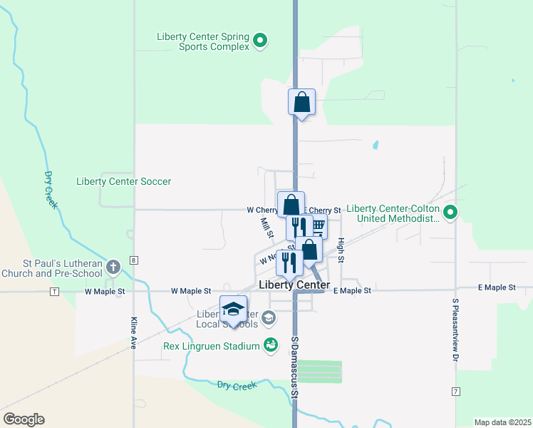 map of restaurants, bars, coffee shops, grocery stores, and more near 107 West Cherry Street in Liberty Center