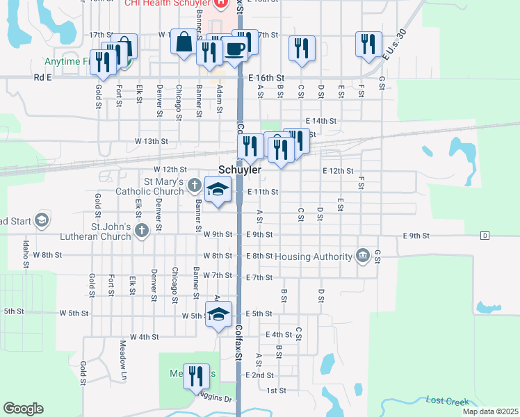 map of restaurants, bars, coffee shops, grocery stores, and more near 1020 A Street in Schuyler