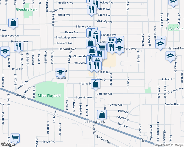 map of restaurants, bars, coffee shops, grocery stores, and more near 4154 Lee Road in Cleveland