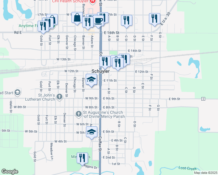 map of restaurants, bars, coffee shops, grocery stores, and more near 1020 A Street in Schuyler