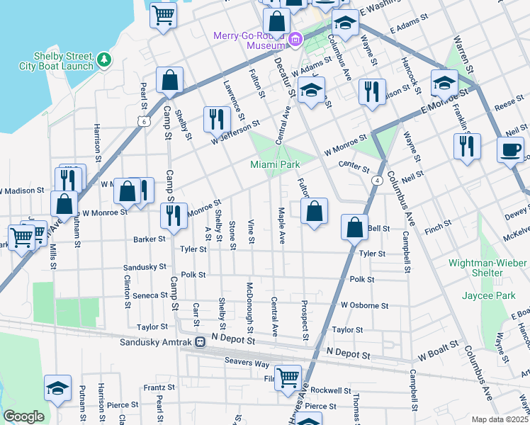 map of restaurants, bars, coffee shops, grocery stores, and more near 915 Central Avenue in Sandusky