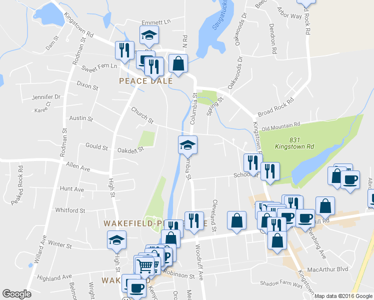 map of restaurants, bars, coffee shops, grocery stores, and more near 212 Columbia Street in South Kingstown