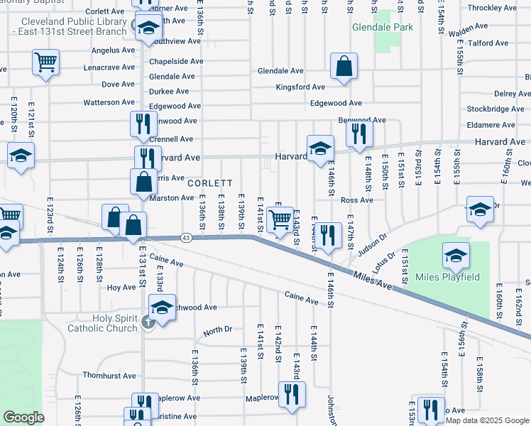 map of restaurants, bars, coffee shops, grocery stores, and more near 4139 East 141st Street in Cleveland