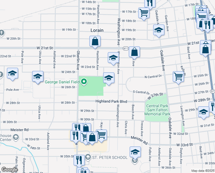 map of restaurants, bars, coffee shops, grocery stores, and more near 2700 Washington Avenue in Lorain