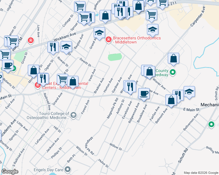 map of restaurants, bars, coffee shops, grocery stores, and more near 58 Horton Ave in Middletown