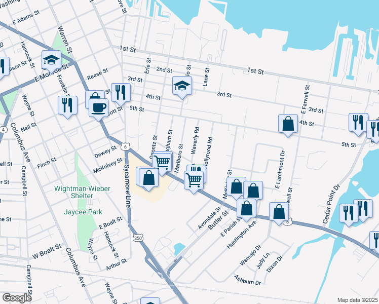 map of restaurants, bars, coffee shops, grocery stores, and more near 1311 Waverly Road in Sandusky
