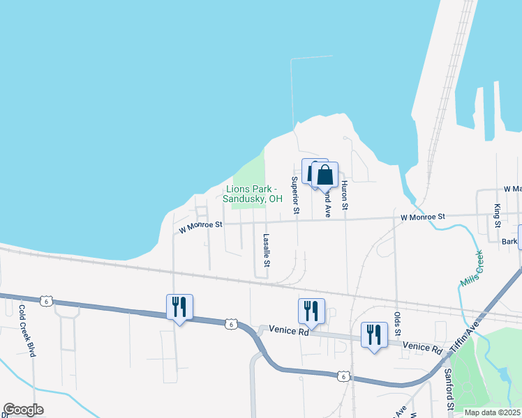 map of restaurants, bars, coffee shops, grocery stores, and more near 621 Lasalle Street in Sandusky