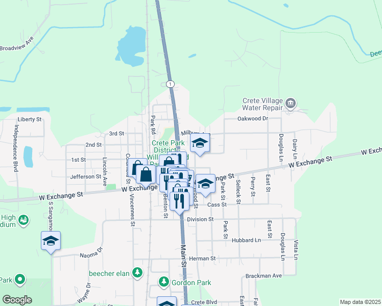 map of restaurants, bars, coffee shops, grocery stores, and more near 1290 Wood Street in Crete