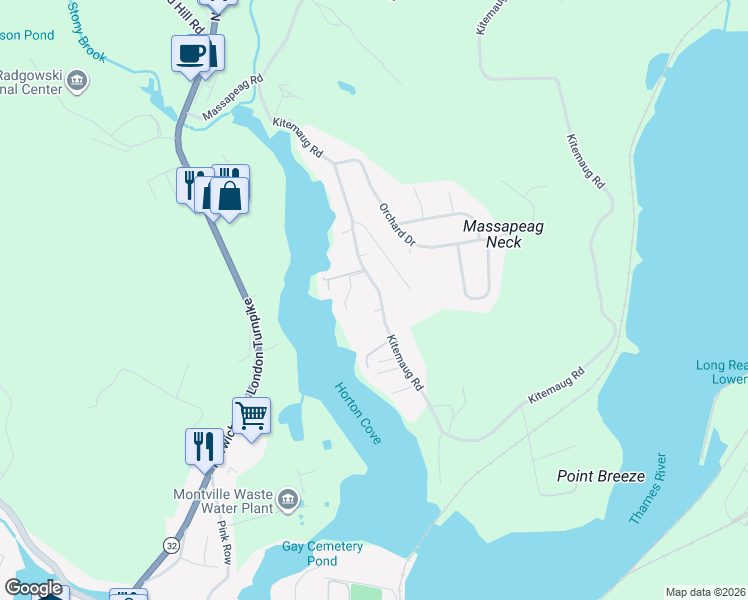 map of restaurants, bars, coffee shops, grocery stores, and more near 135 Kitemaug Road in Montville