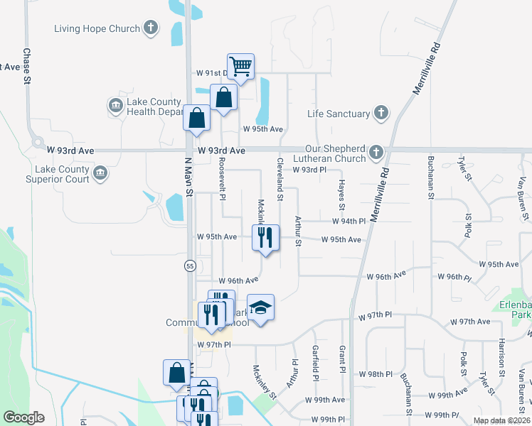 map of restaurants, bars, coffee shops, grocery stores, and more near 9445 Mckinley Street in Crown Point