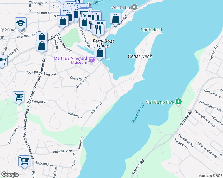 map of restaurants, bars, coffee shops, grocery stores, and more near 40 Weaver Lane in Tisbury