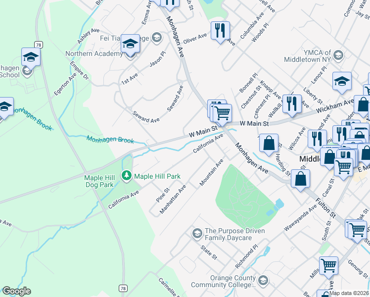 map of restaurants, bars, coffee shops, grocery stores, and more near 43 California Avenue in Middletown