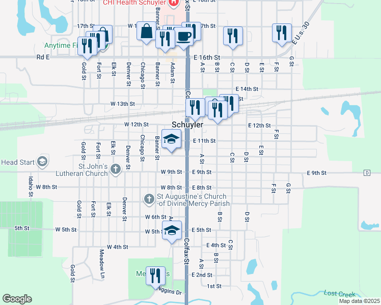 map of restaurants, bars, coffee shops, grocery stores, and more near 104 East 10th Street in Schuyler
