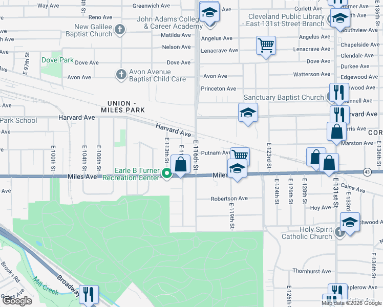 map of restaurants, bars, coffee shops, grocery stores, and more near 4138 East 116th Street in Cleveland