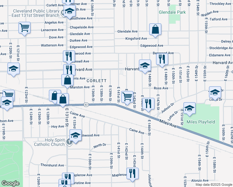 map of restaurants, bars, coffee shops, grocery stores, and more near 4141 East 139th Street in Cleveland