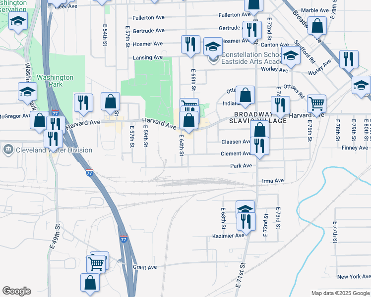 map of restaurants, bars, coffee shops, grocery stores, and more near 4097 East 64th Street in Cleveland