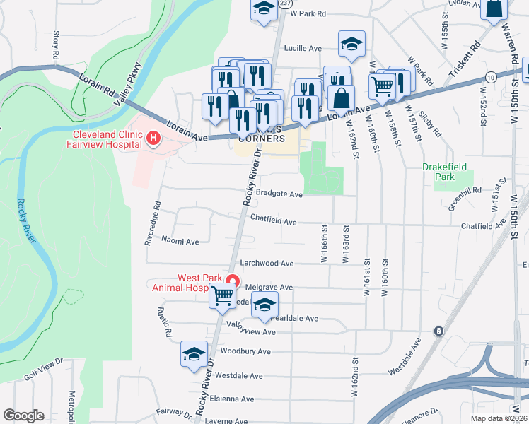 map of restaurants, bars, coffee shops, grocery stores, and more near 17010 Chatfield Avenue in Cleveland