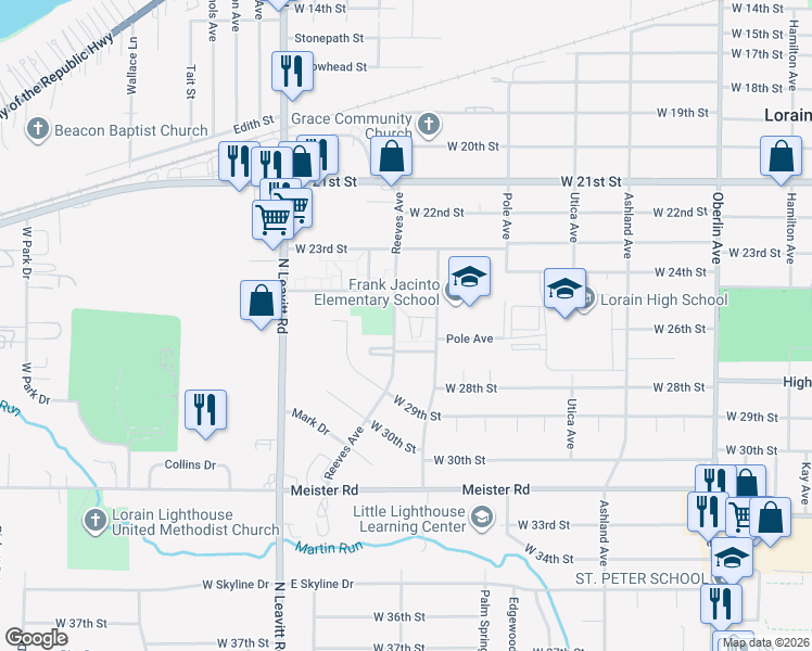 map of restaurants, bars, coffee shops, grocery stores, and more near 1940 West 27th Street in Lorain