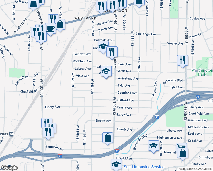 map of restaurants, bars, coffee shops, grocery stores, and more near 3952 West 140th Street in Cleveland