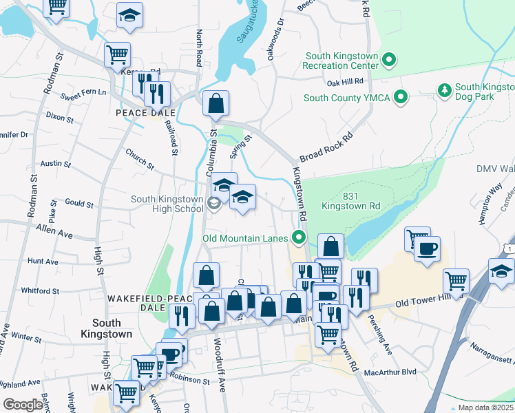 map of restaurants, bars, coffee shops, grocery stores, and more near 22 Brown Street in South Kingstown