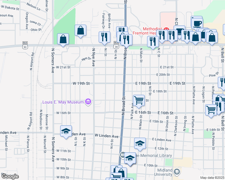 map of restaurants, bars, coffee shops, grocery stores, and more near 1805 North H Street in Fremont