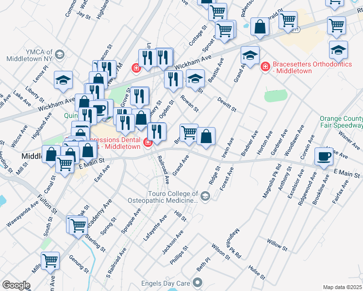 map of restaurants, bars, coffee shops, grocery stores, and more near 225 East Main Street in Middletown