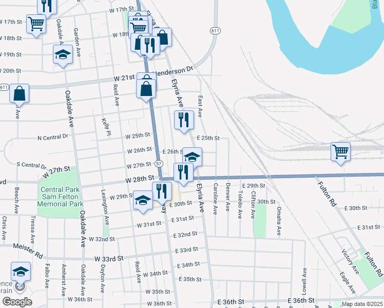 map of restaurants, bars, coffee shops, grocery stores, and more near 2602 Elyria Avenue in Lorain