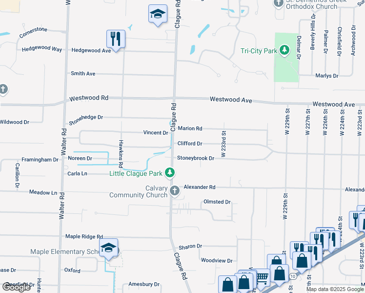 map of restaurants, bars, coffee shops, grocery stores, and more near 23625 Clifford Drive in North Olmsted
