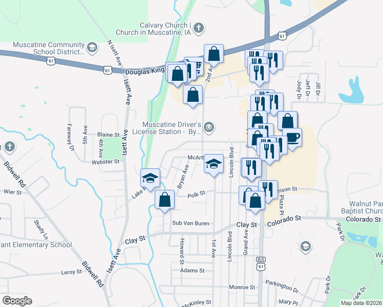 map of restaurants, bars, coffee shops, grocery stores, and more near 519 McArthur Street in Muscatine