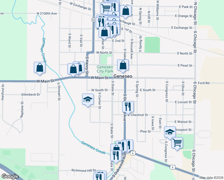 map of restaurants, bars, coffee shops, grocery stores, and more near 601 South State Street in Geneseo