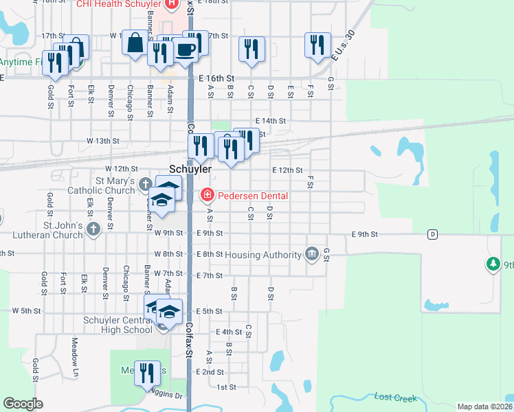 map of restaurants, bars, coffee shops, grocery stores, and more near 1001-1049 C Street in Schuyler