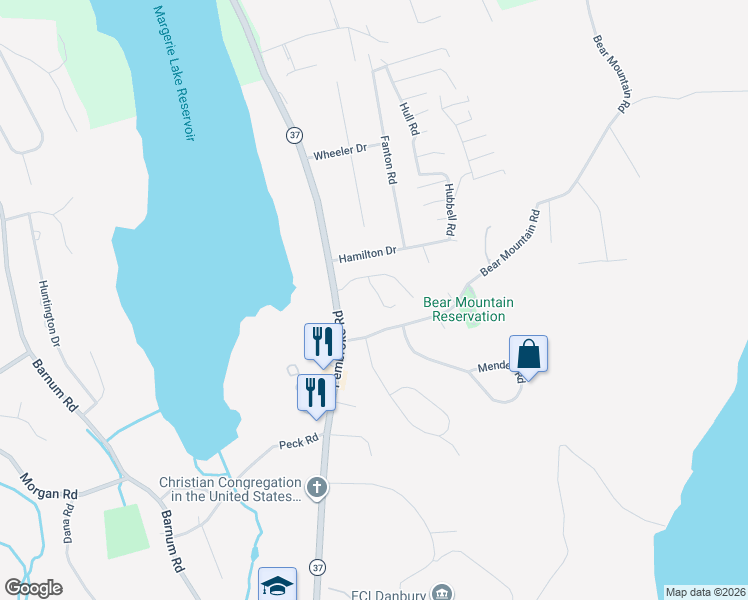 map of restaurants, bars, coffee shops, grocery stores, and more near 10 Spring Ridge Court in Danbury