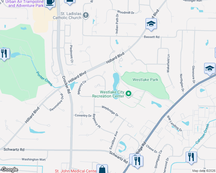 map of restaurants, bars, coffee shops, grocery stores, and more near 29252 Regency Circle in Westlake