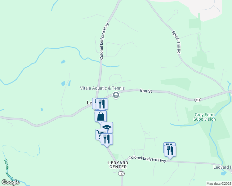 map of restaurants, bars, coffee shops, grocery stores, and more near 17 Iron Street in Ledyard